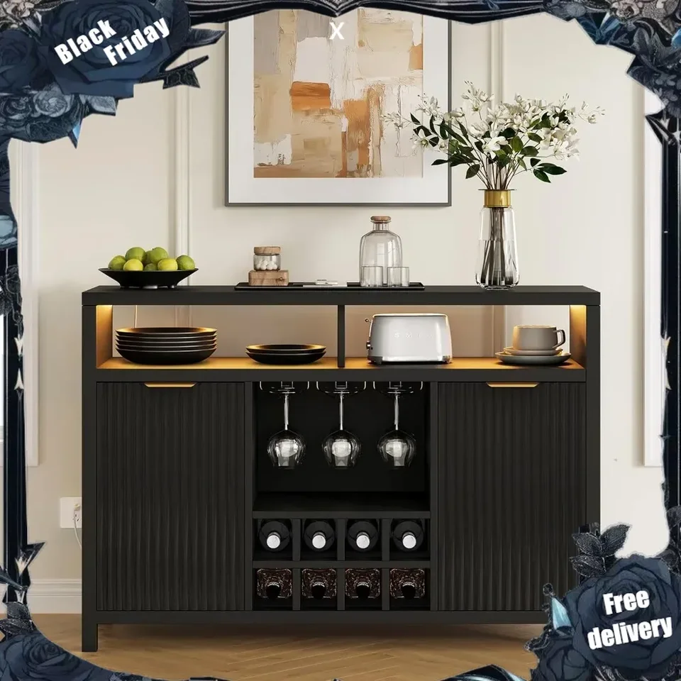 Fluted Home Bar vínna skrinka s LED svetlom, nabíjacou stanicou, stojanom na víno - bufetová skrinka s úložným priestorom, kaviareň
