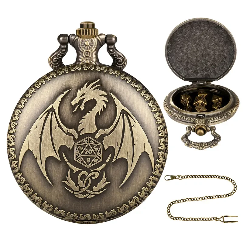 Flying Dragon Pocket Watch kocky s páovým reťazcom DND kovové kocky starožitné vreckové kocky hodiniek pre hry na hranie rolí hier