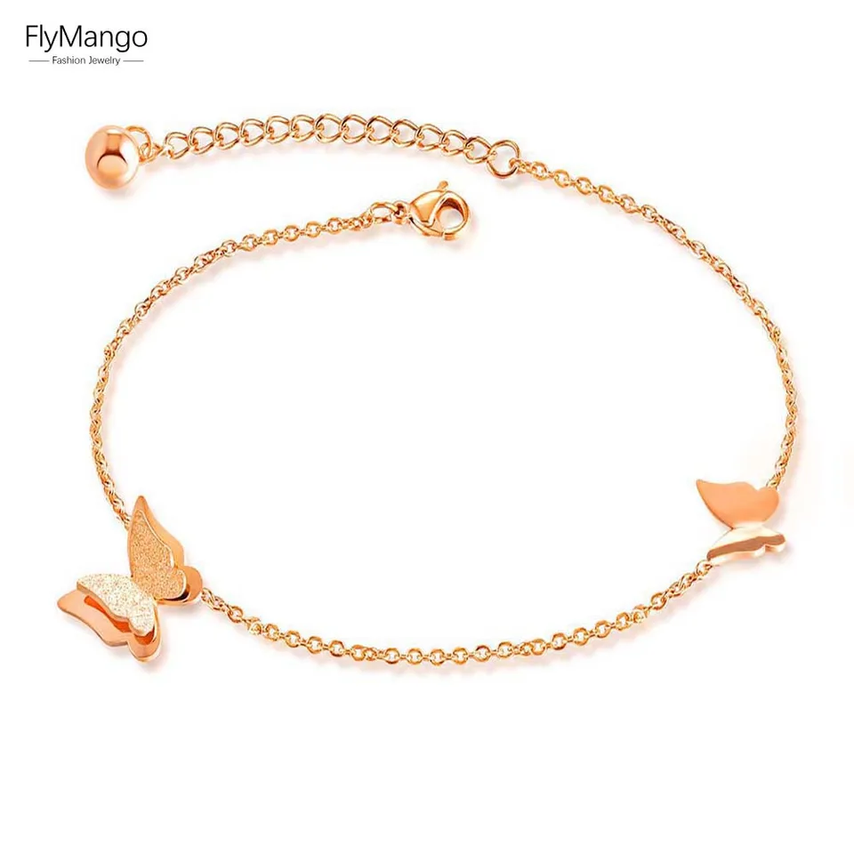 Flymango Cute Butterfly Anklets Náramok pre ženy Rose Gold Farba Lupná poľská z nehrdzavejúcej ocele Retro dievča členky Šperky FA19037
