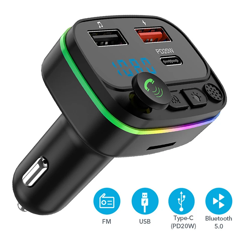 FM vysielač bezdrôtových bezdrôtových Bluetooth Hands-Free CAR KIT AUDIO MP3 prehrávač s modulátorom typu C PD+QC3.0 Fast USB FM modulátor