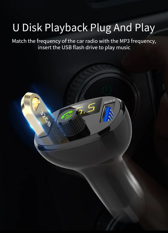FM vysielač Bluetooth Car Wireless Radio Adapter MP3 Hudobný prehrávač s duálnym USB QC3.0 nabíjačkou U Disk / TF Lostless Music Music