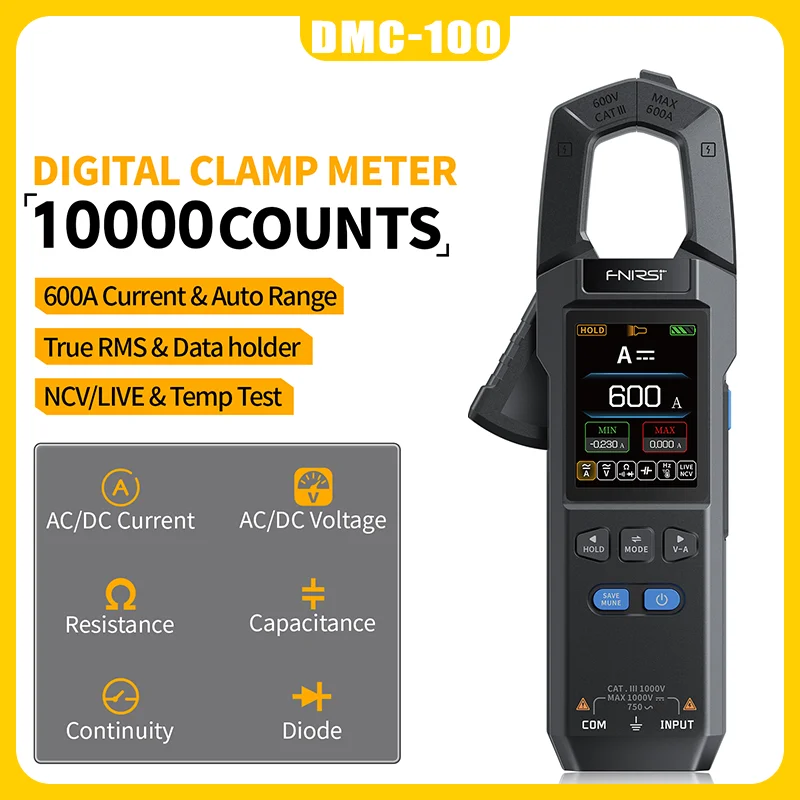 FNIRSI DMC-100 DC DC AC CLAM SETER 10000 Count Digital Multimeter 600A Aktuálny tester NCV Multimeter Nástroj NCV
