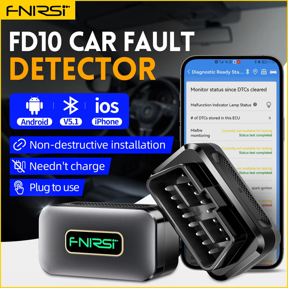FNIRSI FD10 CAR OBD2 SKENER SCANER Čítačka CLENA Chyba OBD Diagnostický nástroj iOS Android Bluetoothv5.1 Skontrolujte opravu vozidla motora ľahké auto