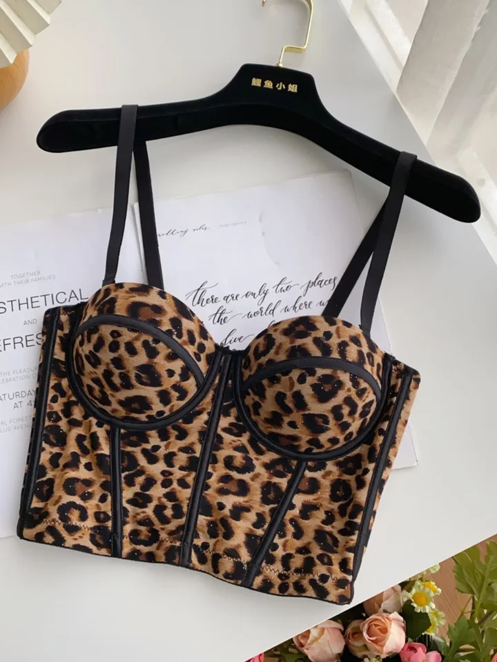 Foamlina Fashion Flifred Leopard Print Sling korzet Dámska sexy krátke spodné prádlo podprsenka s hrudníkmi v podložiek pre nigt klubový tanec