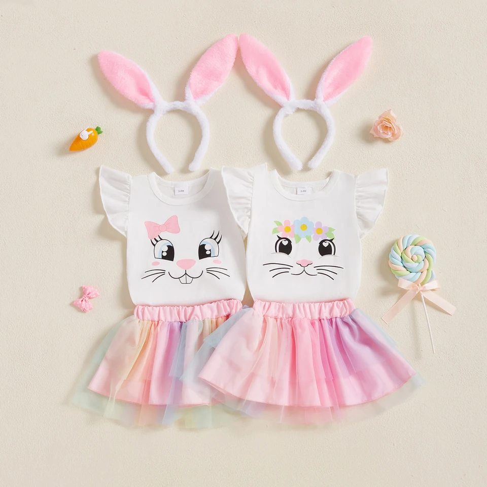 FocusNorm 0-18M Krásne dievčatká Veľkonočné oblečenie Sady sliečkového rukávu Rabbit Print Romper s tylovou sukňou a čelenkou uší