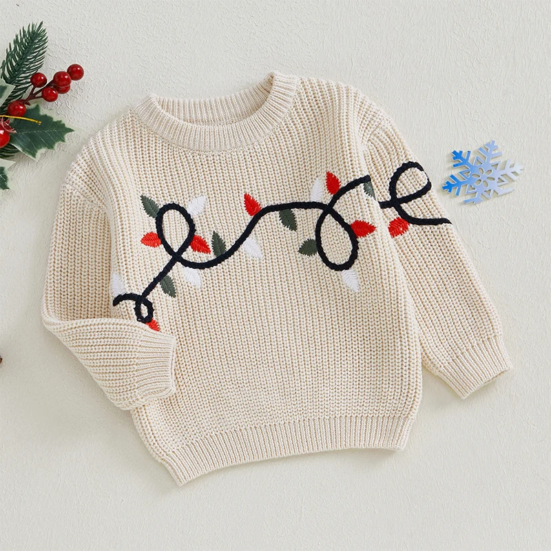 FocusNorm 0-3y Autumn Winter Dievčatá Chlapci Vianočný pletený sveter s dlhým rukávom Kvety výšivky pullover pletelové pletenie