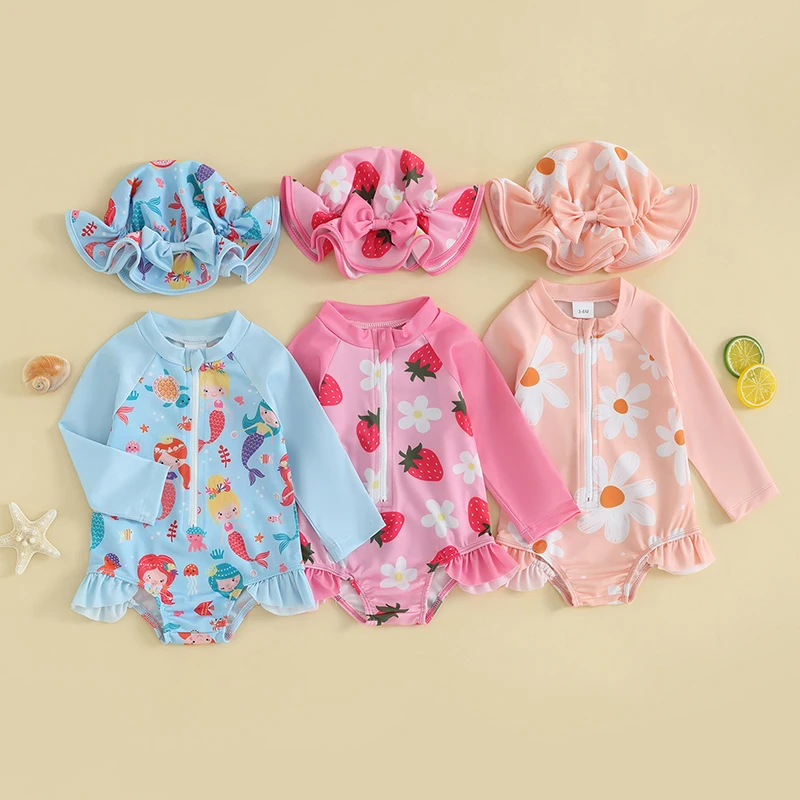 FocusNorm 0-3Y Dojčenské dievčatká plavky 2ks s dlhým rukávom Strawberry/Flower/Mermaid Print Bikini s klobúkom