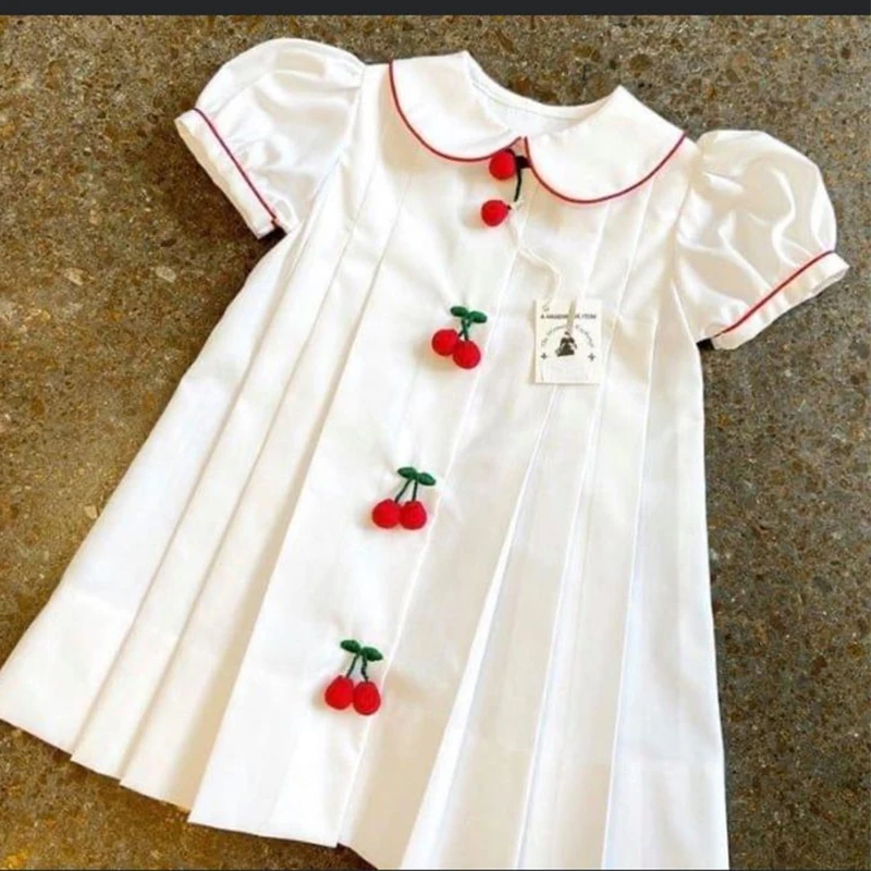 FocusNorm 0-3Y Krásne dievčatká Summer Dievčatá letné šaty s krátkym rukávom Peter Pan Collar 3D čerešňa predné A-line Príležitostné šaty