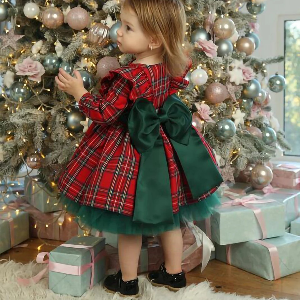 FocusNorm 0-6y princezná dievčatká vianočné večierky Šaty Plaid Tlated Lubles s dlhým rukávom Big Bowknot Lace Tutu šaty