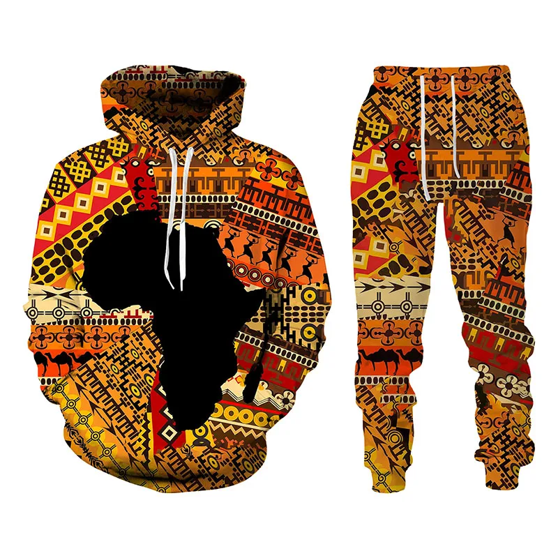 Folk Custom 3D Print Hoodies Navičky vyhovujú mužom Dámske stopy 2pc súpravy s dlhým rukávom Etnický štýl Africký danshiki pánske oblečenie