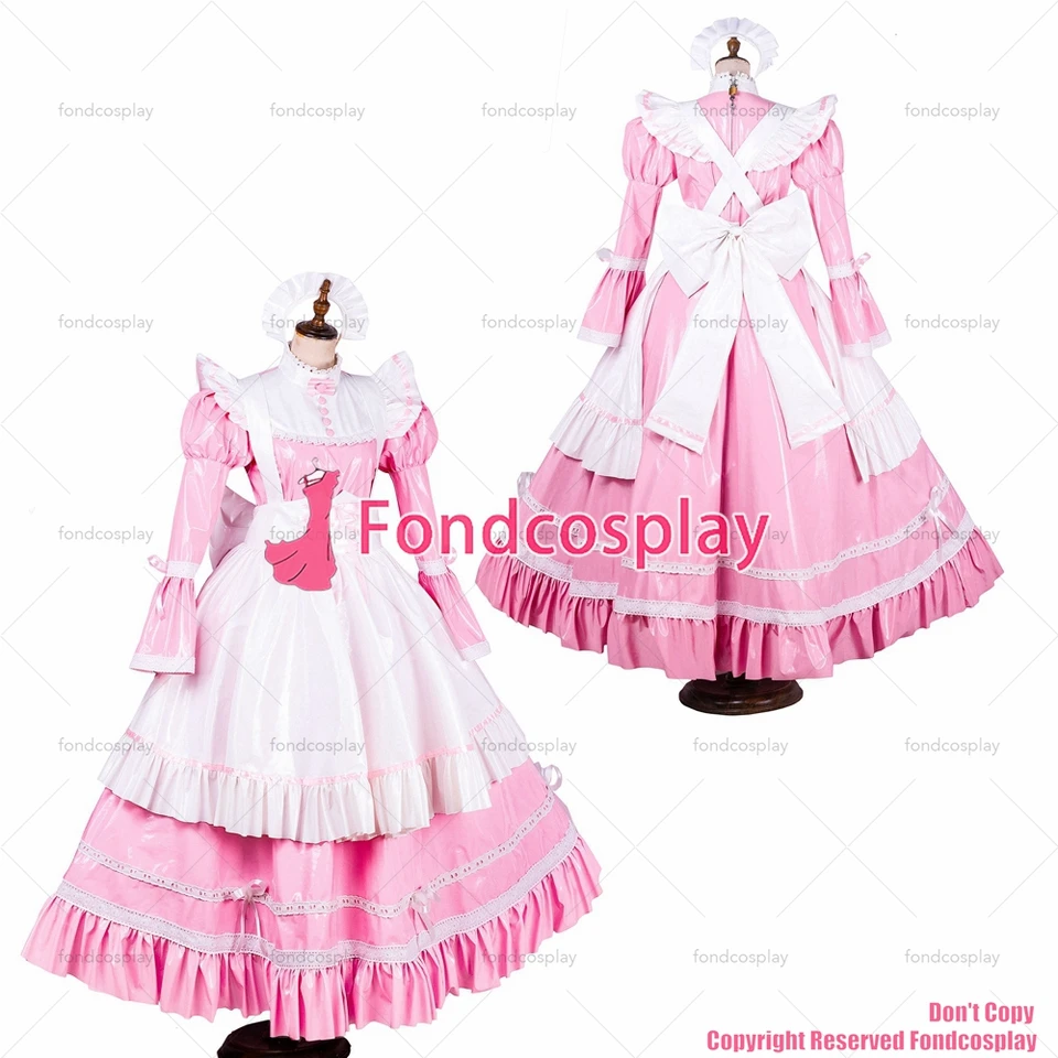 fondcosplay dospelý sexy krížový dresing sissy slúžka dlhé uzamykateľné dieťa ružové tenké PVC vinylové šaty biela zástera CD/TV [G1787]