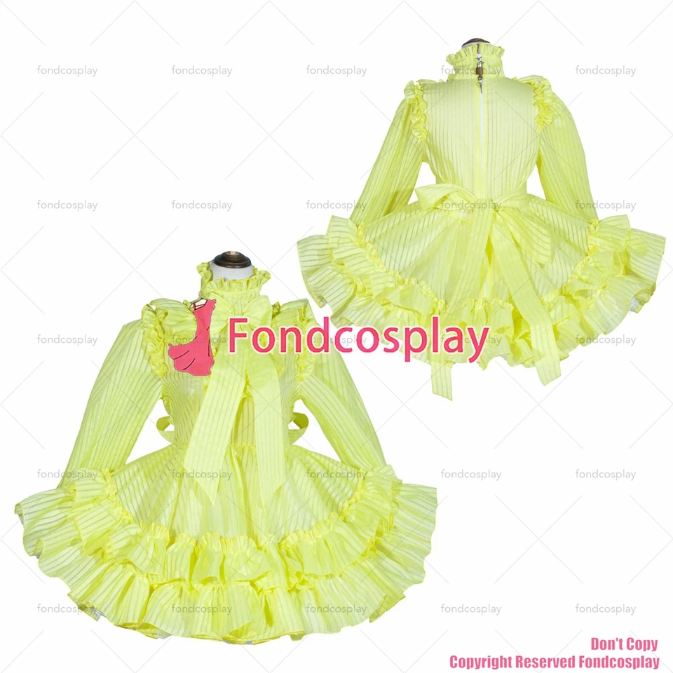 fondcosplay dospelý sexy krížový dresing Sissy Maid Stručne francúzske uzamykateľné žlté organza pruhové šaty CD/TV [G4029]