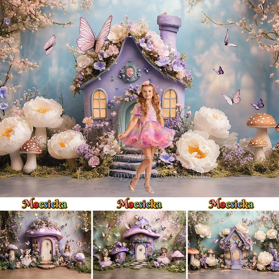 Forest Wonderland na pozadí Fotografie pre dievčatá narodeniny Magic House huby motýľ kvetinové pozadie Kid Cake Smash Studio