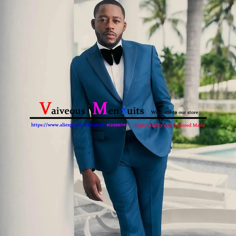 Formálne modré večere Party Men Muži Slim Fit African Men Set Set Svadobné vrcholné klope smoking groommen groommen blazer vesty nohavice Ternos