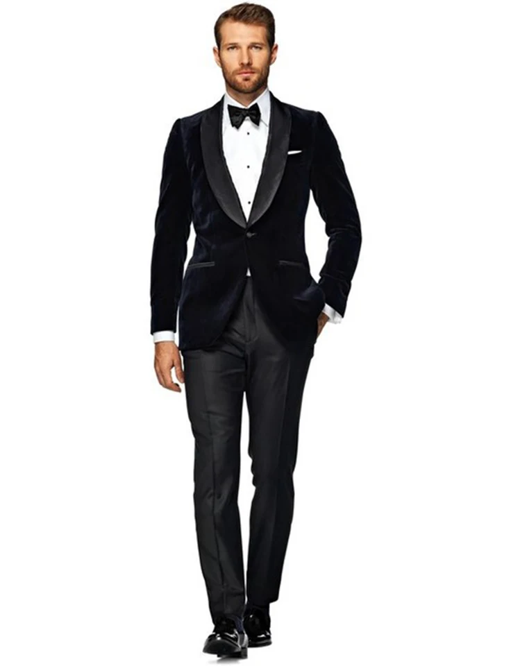 Formálne námornícke modré zamatové muži 2 kusové svadobné obleky smädný smol obchodné obleky svadobné oblečenie kostým Homme (Blazer+Pants)