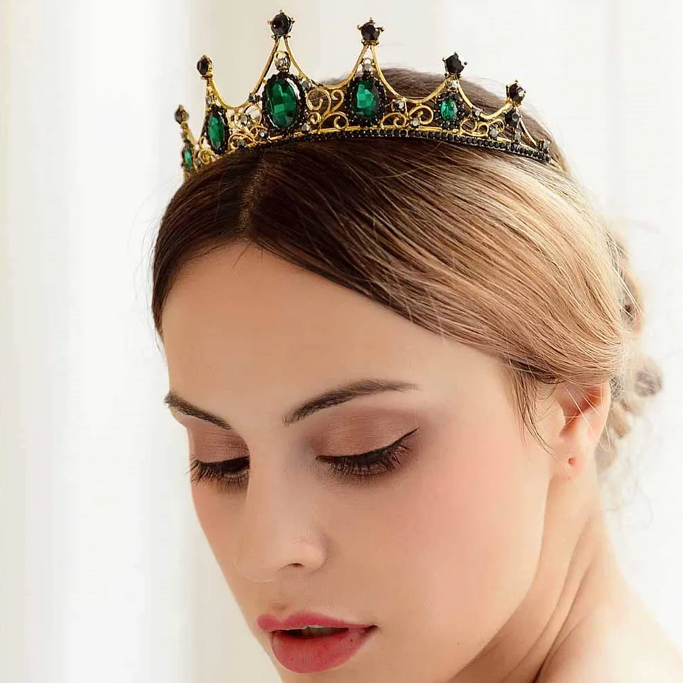 Forseven Baroque Vintage Green Crystal Crown Tiaras Svadobné svadobné vlasové doplnky kvetinové čelo čela
