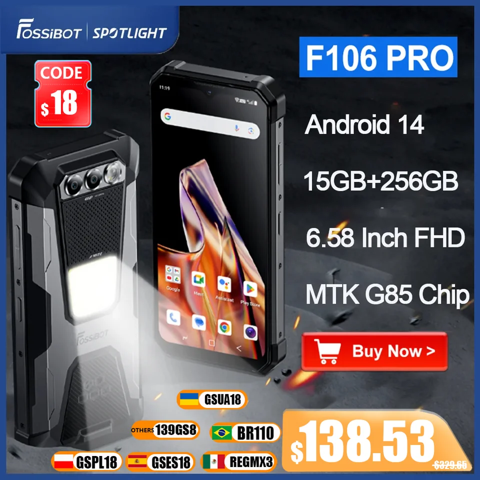 Fossibot F106 Pro Rugged Phone MTK G85 15 GB+256 GB 12000MAH Smartphone Android 14 NFC