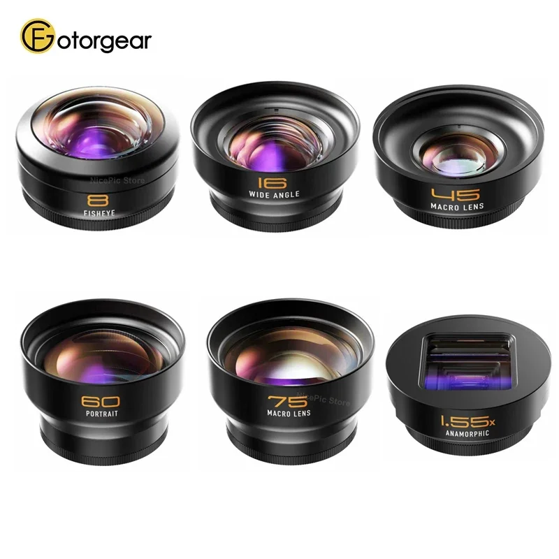 Fotogerar pro ll t-Mount Fisheye Makro širokouhlý portrét 1,55x Anamorfic Len pre Xiaomi iPhone Huawei Samsung Phone objektív
