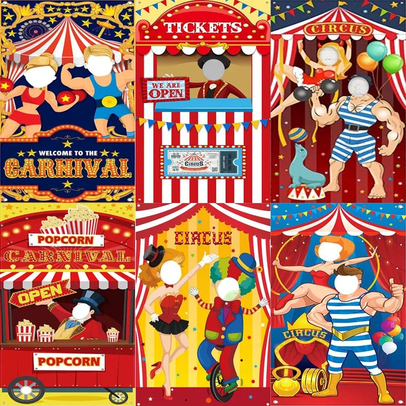 Fotografické pozadie fotografických dverí Banner Funny tvár v diere pre divoké narodeniny Party na pozadí Cirkus Circus Supplies Decor Plagát