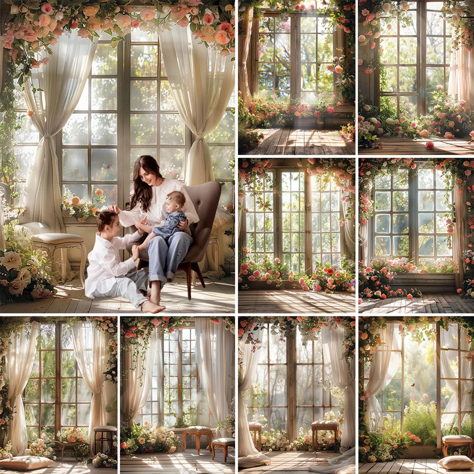Fotografické pozadie pre materské portréty okno Sunshine Flower Garden Curtain Conternrop Decor Girl Birthday Photo Studio