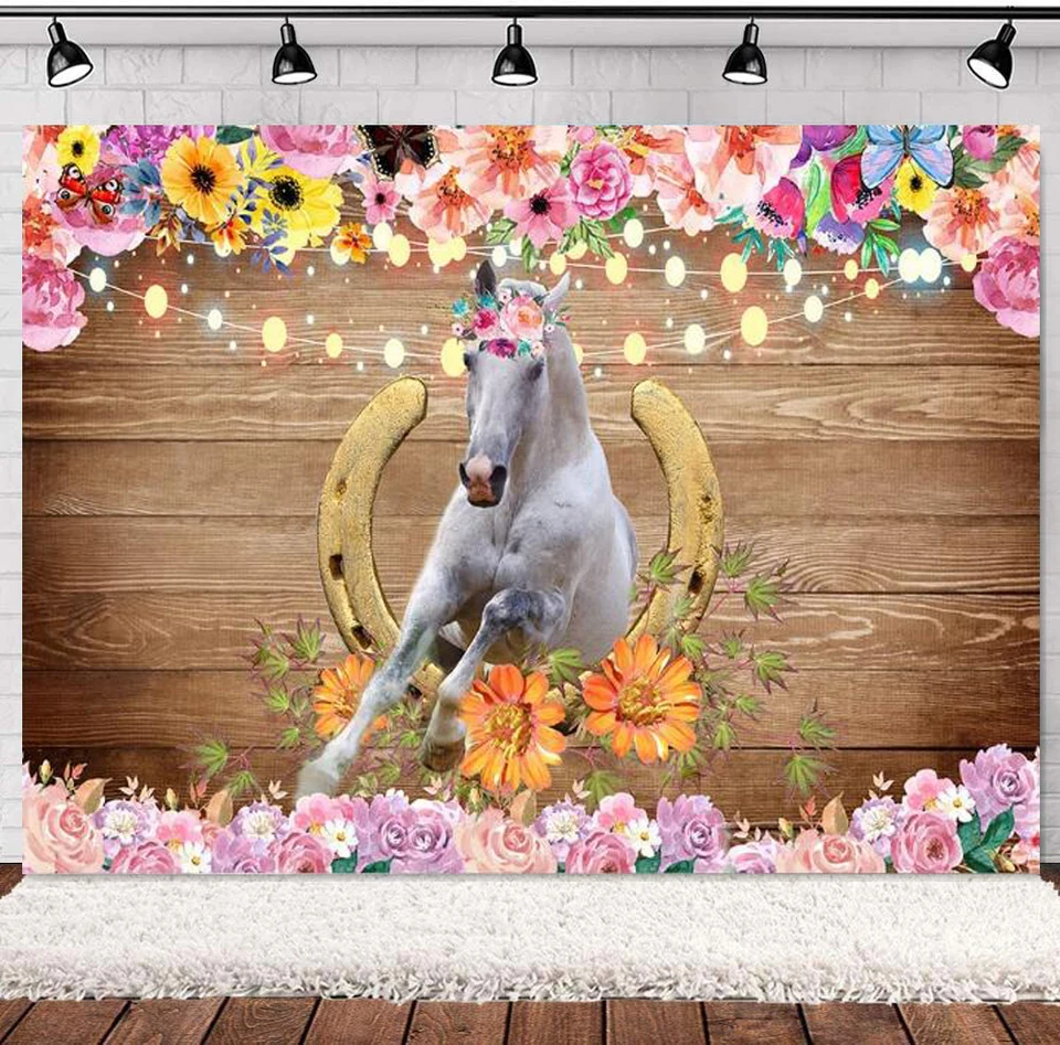 Fotografické pozadie ružové kvetinové vidieka Kôň západný kovboj cowgirl drevník Banner bábätká narodeninová oslava Decor