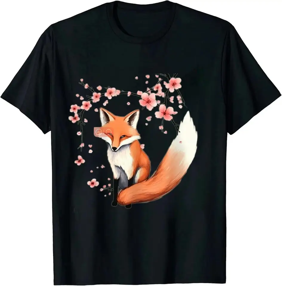 Fox japonský čerešňový kvet toku unisex tričko čierne anime grafické tričká Vysoko kvalitné 100%bavlnené rukávy