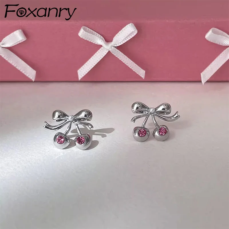 Foxanry Pink Zirkón Bowknot Stud náušnice pre ženy Dievčatá Kreačný dizajn Sladké vynikajúce elegantné svadobné nevesty Darčeky