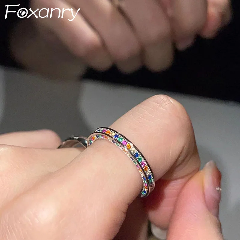 Foxanry strieborná farba viacfarebné zirkónové prstene pre ženy dievčatá Kreačný dizajn móda Móda Jednoduchá elegantná svadobná nevesta Darčeky