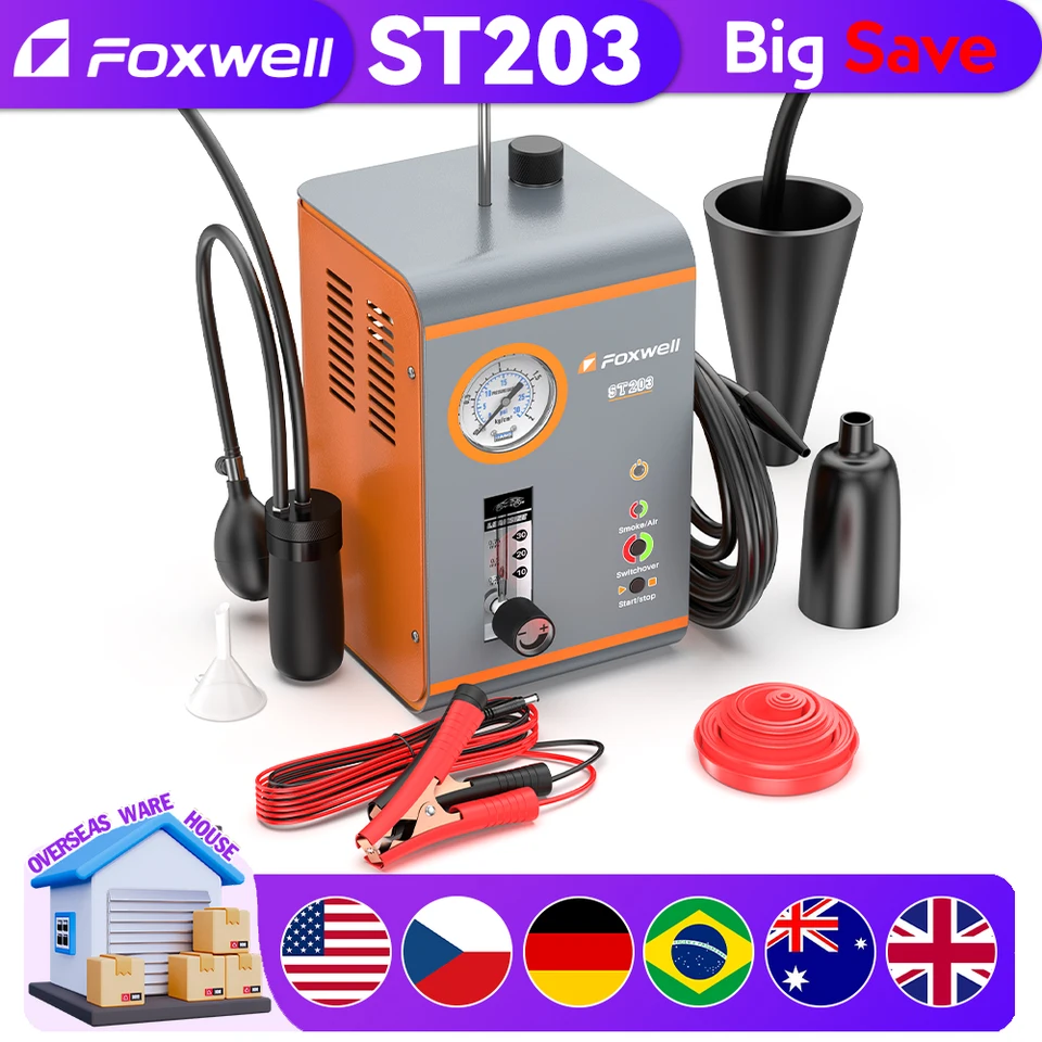 Foxwell ST203 Automotive Evap Smoke Stroj Diagnostický vákuový detektor úniku Nástroj vstavaný vzduchový čerpadlo