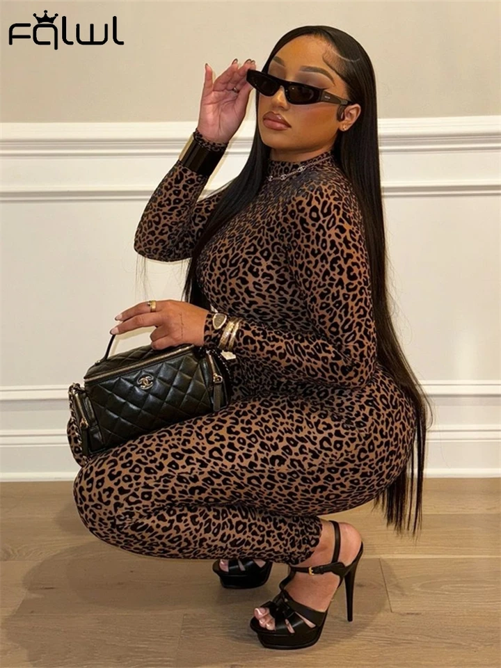FQLWL Jeseň Trend Leopard Flocking Skinny Screcksuit Sexy Night Clubwear pre ženy 2024 s dlhým rukávom Pozrite sa cez jeden kus Romper