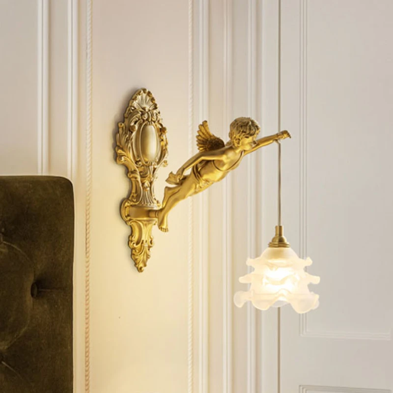 Francúzska medená anjelská nástenná lampa Stredoveké obývacia izba Spálňa Štúdium ulička nástenná lampa American Retro Light Luxury Crystal osvetlenie