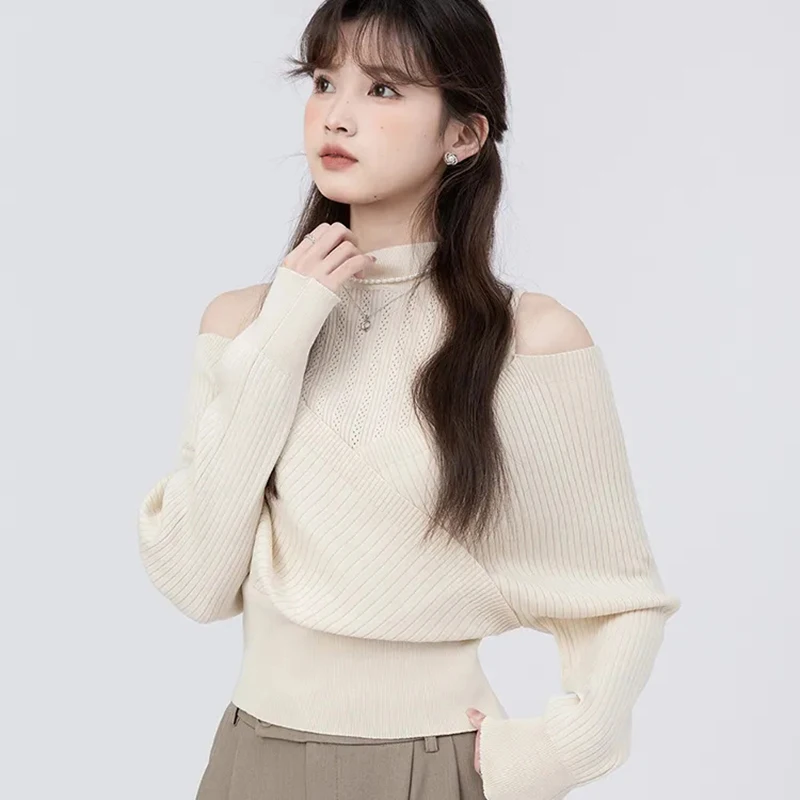 Francúzske patchwork bez ramienok pletená pullover Ženy Criss Criss Cross Chic Elegant Sweater Pevný falošný krk sladké chudé koreanské ženské topy