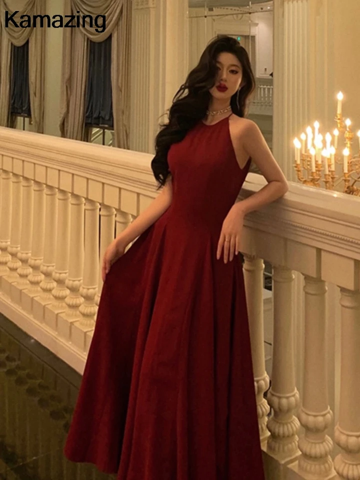 Francúzske romantické burgundské večerné plesové šaty Ženy Elegantné bez rukávov A-line promócie midi šaty letné módne rúcho