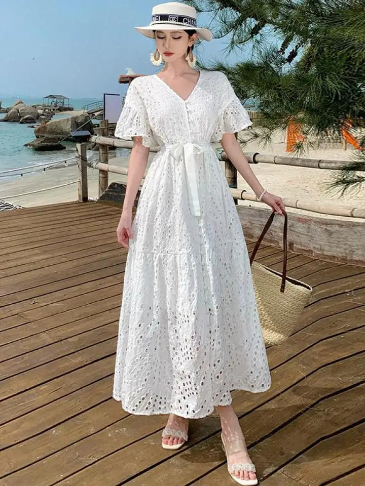 Francúzske sladké dámy biele s krátkym rukávom Dovolenka Sundress leto 2024 Dám