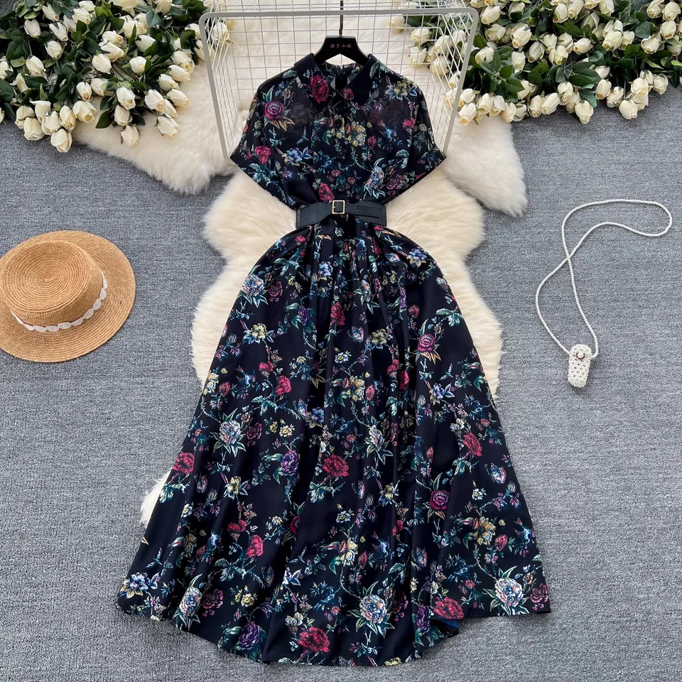 Francúzske vintage tlač klopové šaty dámske kvetinové kvetinové tlačové tlačidlo High Pase Belt Office Lady Maxi Clothing Female Vestidos