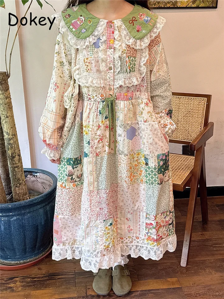 Francúzske vintage čipky Patchwork midi šaty Ženy Jeseň Mori Girl Doll Doll Collar Splaching Long Ruckve Dress Loose Kawaii Vestidos