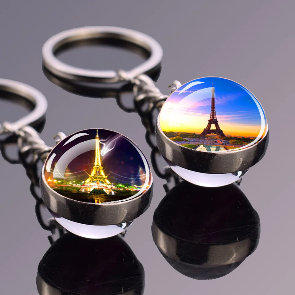 Francúzsko Paríž Eiffel Tower Keychains Dvojité bočné sklenené guľa Prívesok kovové reťazce cestovné suvenír kľúčové kľúče