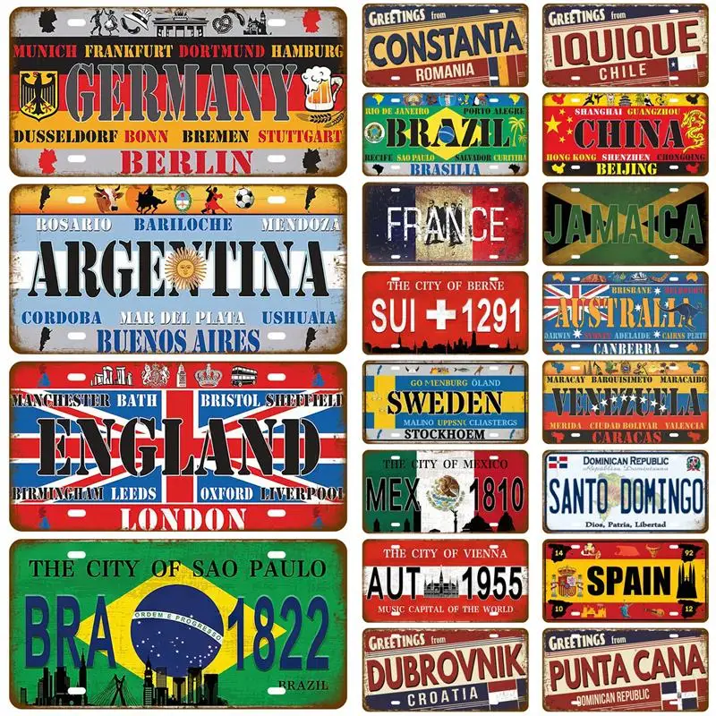 Francúzsko Tin Sign Plaque Rusko Španielsko Kovové znamenie Nemecko USA Country Flag Tinplate Plate pre stenu domáce reštaurácie remeselnícky bar dekor