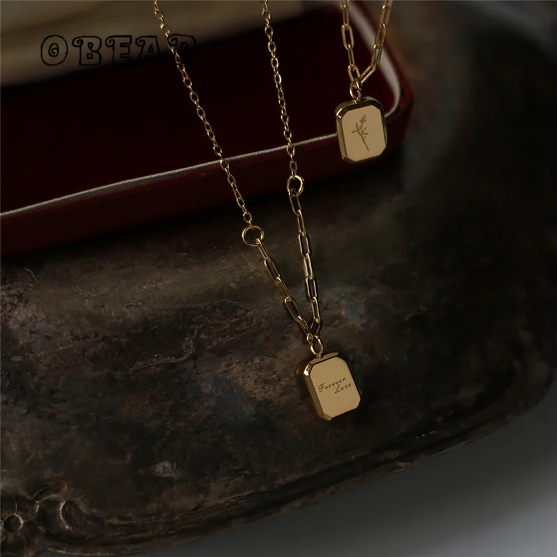 Francúzsky levanduľ Forever Love Square s obojstranným príveskovým náhrdelníkom pre ženy z nehrdzavejúcej ocele 18k zlaté šperky