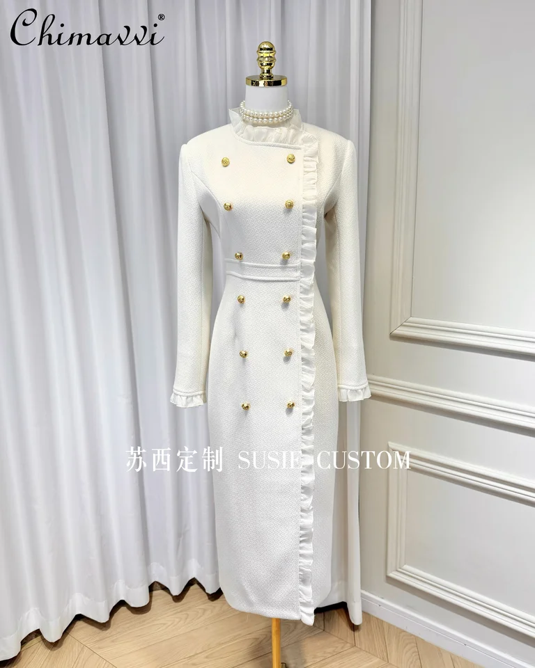 Francúzsky retro súdny štýl Ruffles stojan golier s dlhým rukávom Gold Buckle dvojradové štíhle rozdelenie Tweed dlhé šaty Ženy Zima