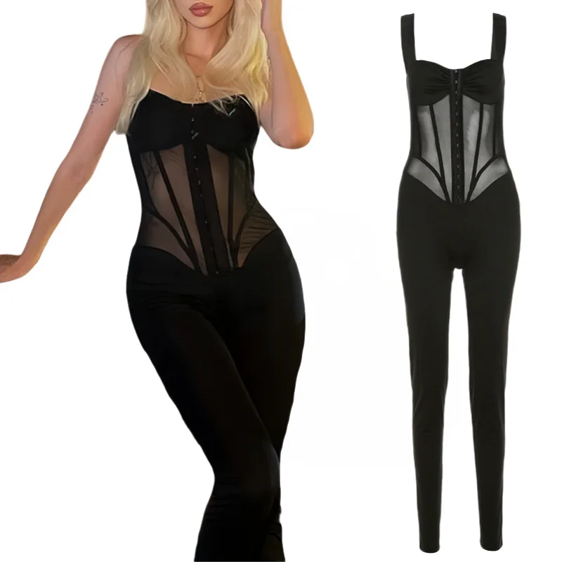 Freeauce Stripe Casual bez rukávov Dámske dámske nohavice Romper Sexy See cez štíhlu jednodielnu kombinézu pre ženy letné streetwear
