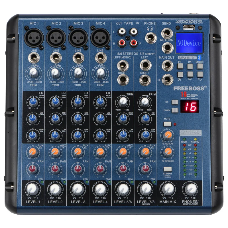FreeBoss 6 8 kanálov miešanie konzoly 4 Mono 2 Stereo 16 DSP Aux Out Bluetooth USB Play Record Professional Audio DJ Mixer SMR8
