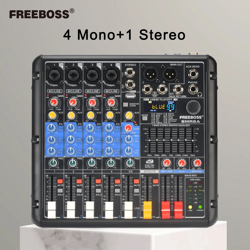 FreeBoss 6 Channel Audio Sound Mixer 99 DSP Effect Bluetooth 7 Band EQ Mute Professional Mixing Console USB PC Record Play SMR6A