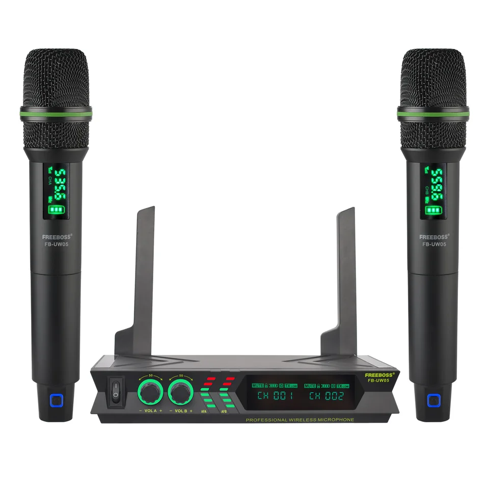 FreeBoss Wireless Microfone Handheld Nastaviteľný UHF kardioidný vysielač 48 frekvenčný mikro 2 kanály 28M Dynamic MIC FB-UW05