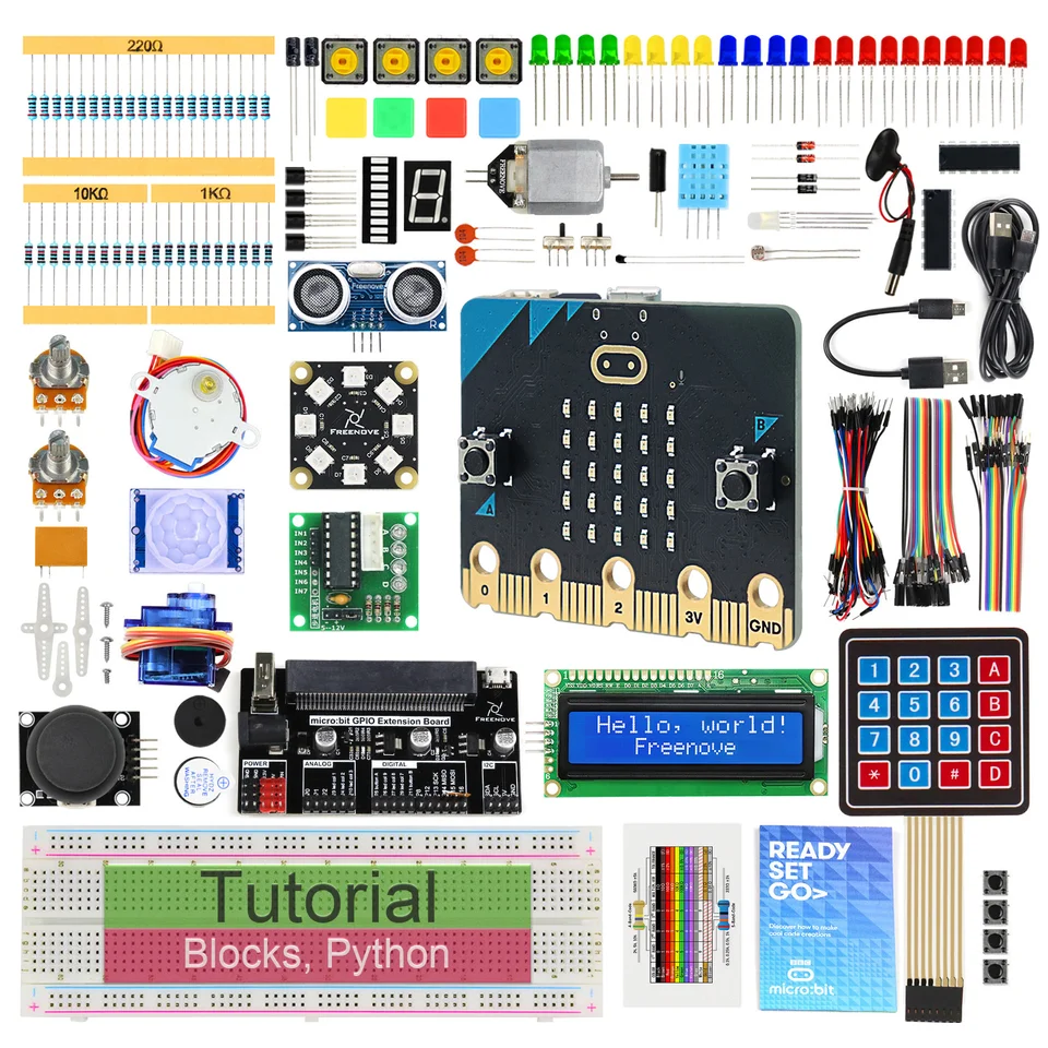 Freenove Ultimate Starter Kit pre BBC Micro: Bit V2, 316-stranový podrobný návod, 225 položiek, 44 projektov, blokov a pythonov kód