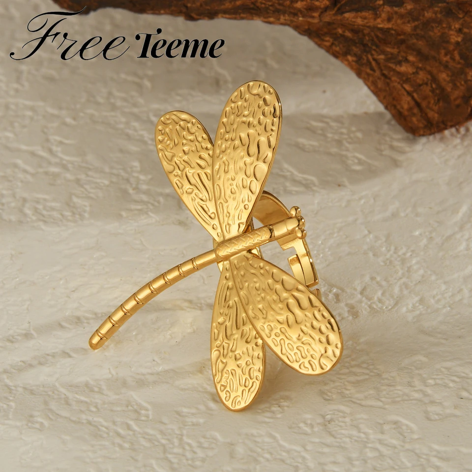 Freeteeme Vintage Punk Nepravidelná textúra Dragonfly Rings z nehrdzavejúcej ocele Otvorená veľkosť pár prsteňov Hip popové šperky vianočný darček