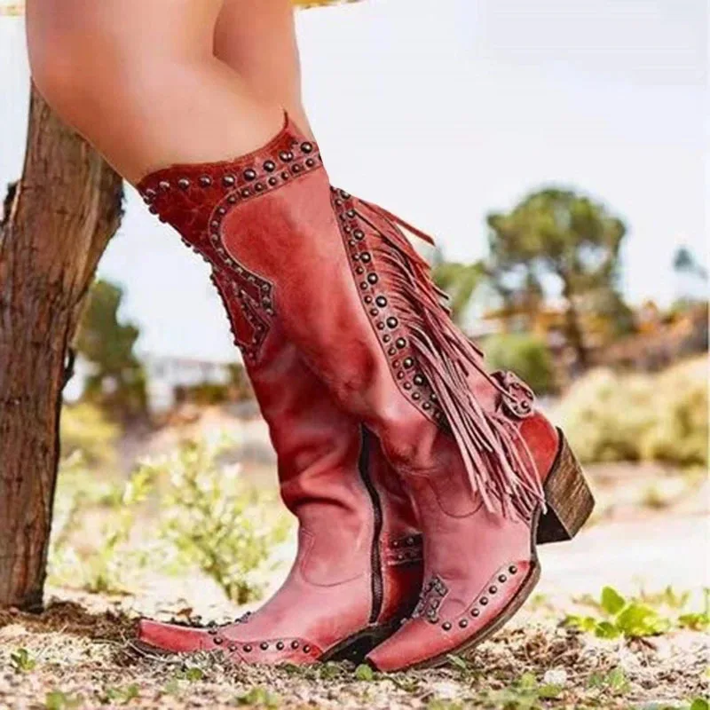 Fringed Ninvet koleno-vysoké topánky hrubé stredné päty mäkká koža Dámske ženy mäkké kožené bočné zips rytier bota femininas