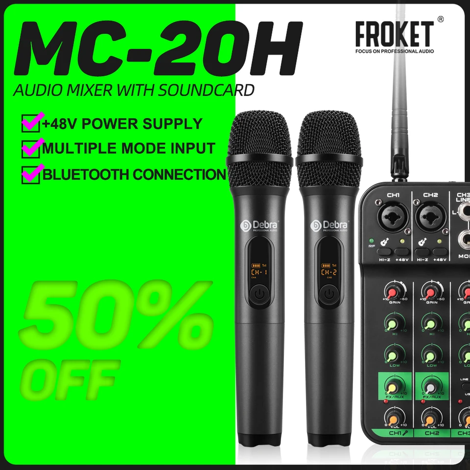 Froket MC-20H Audio Mixer DJ Controller Mixing s bezdrôtovým mikrofónom fantómovým oneskorením