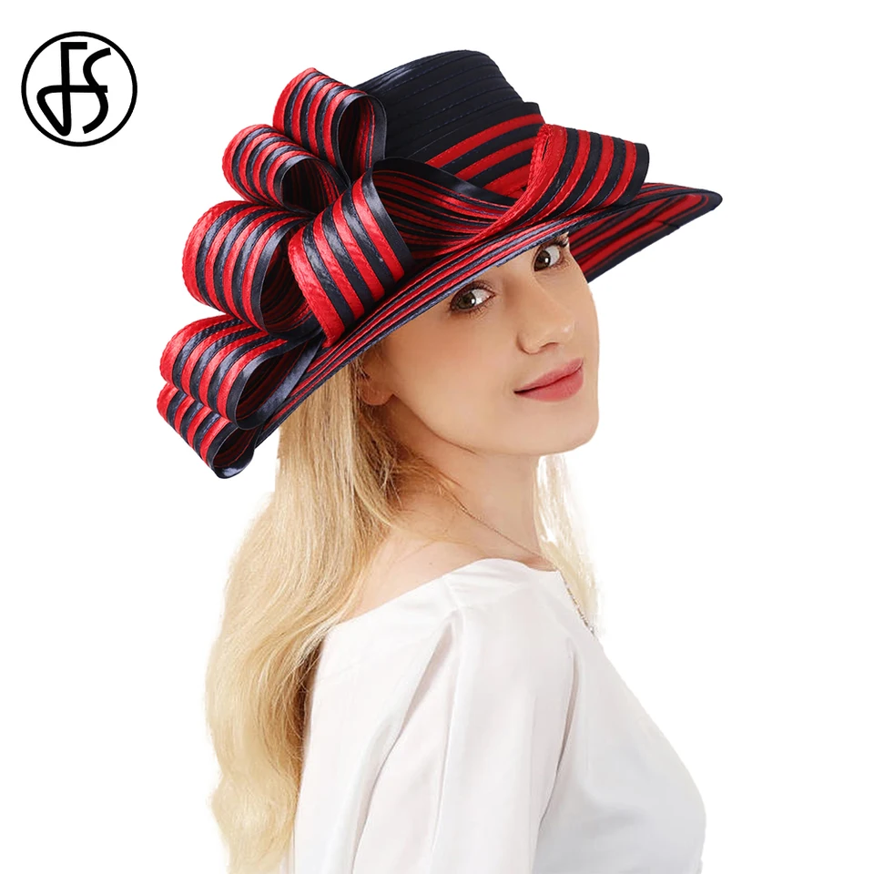 Fs saténová handrička Kentucky Derby Hats for Women Dámske pruhy Formálne čajové večierky Šaty svadobné svadobné elegantné kostolné čiapky klobúk