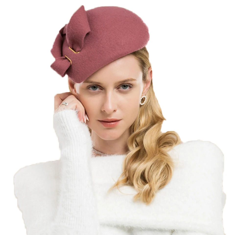 Fs vlnené svadobné klobúky a fascinátory Ženy Elegantné ružové čierne kokteilové kokteilové klobúky Dámske klobúky Felt Bowknot Kentucky Derby Fedoras